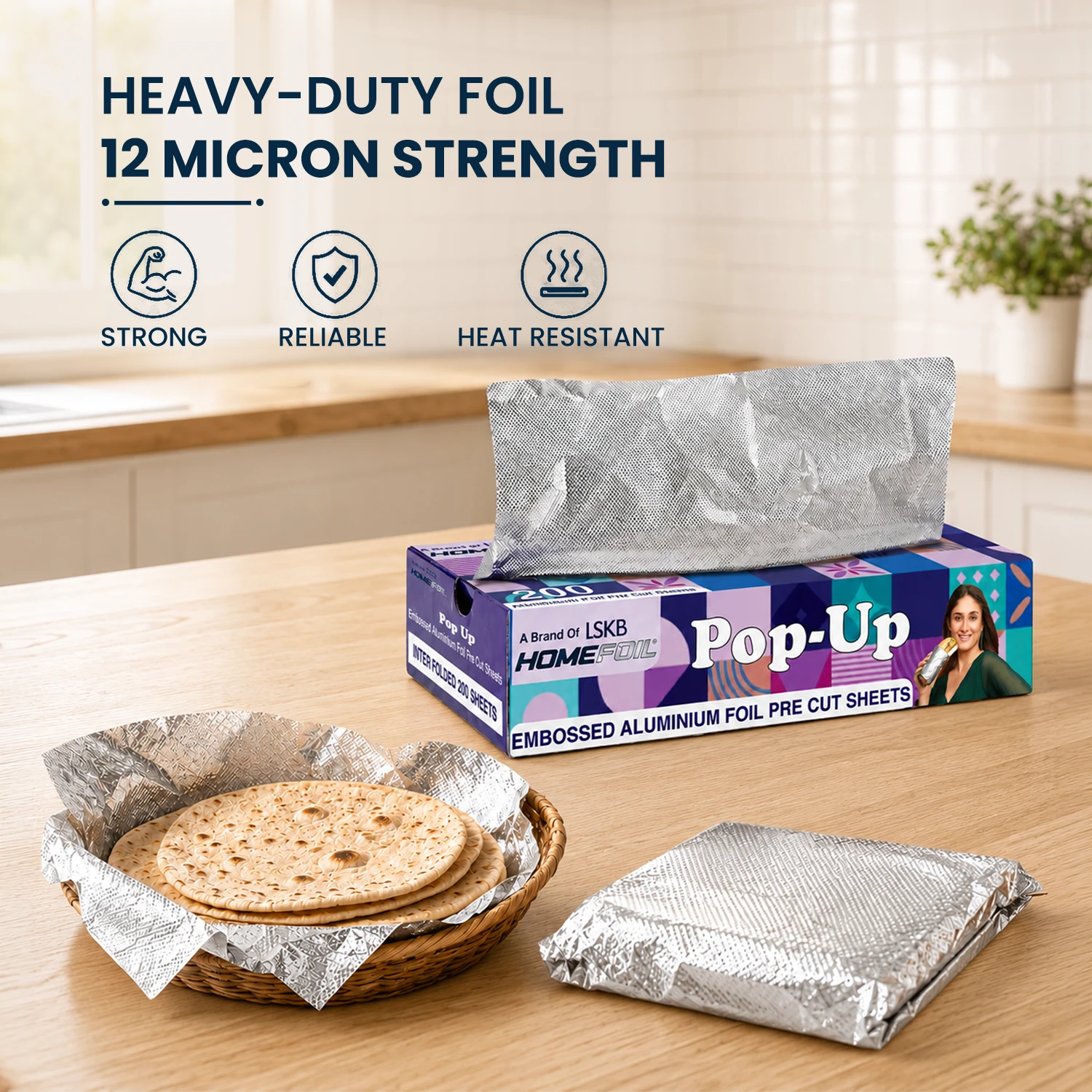 HOMEFOIL Pop-Up Aluminium Foil Sheets | 12 Micron Heavy-Duty Pre-Cut Foil | 200 Interfolded Sheets