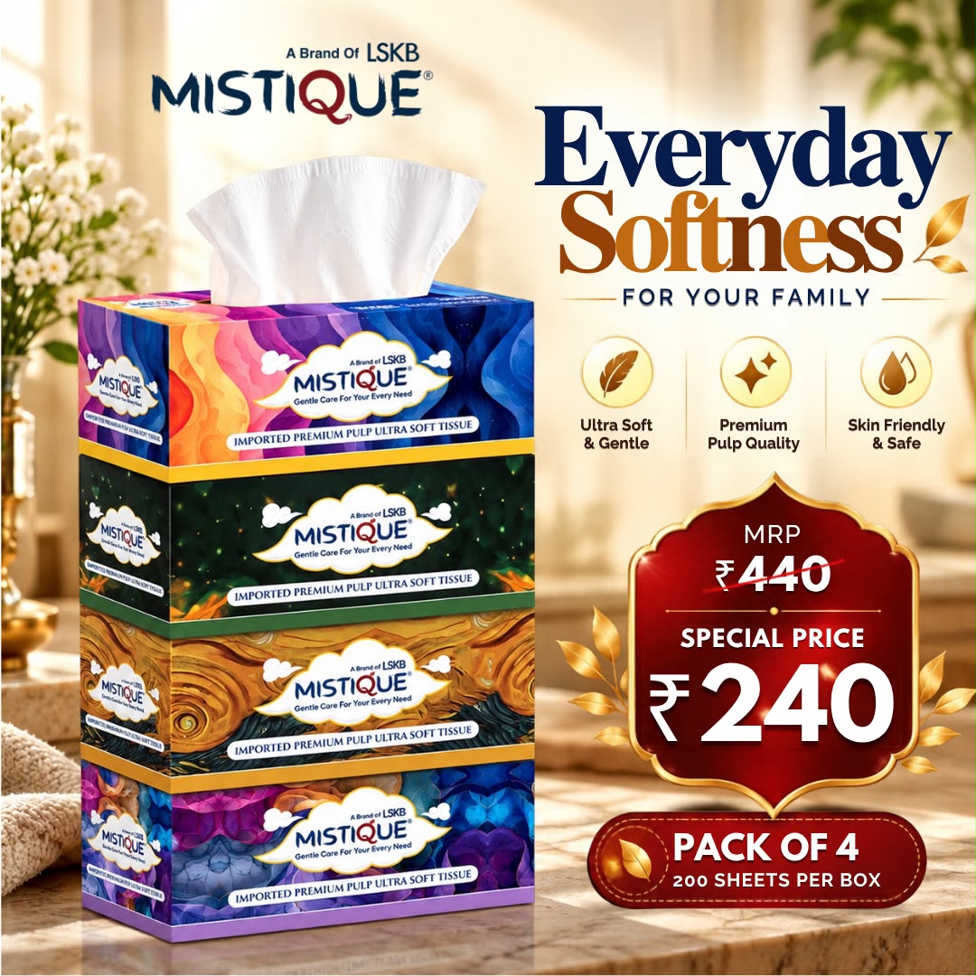 EveryDay Softness - MISTIQUE 2 Ply Facial Tissue Paper | Pack of 4 (100 Pulls Per Box, 200 Sheets)