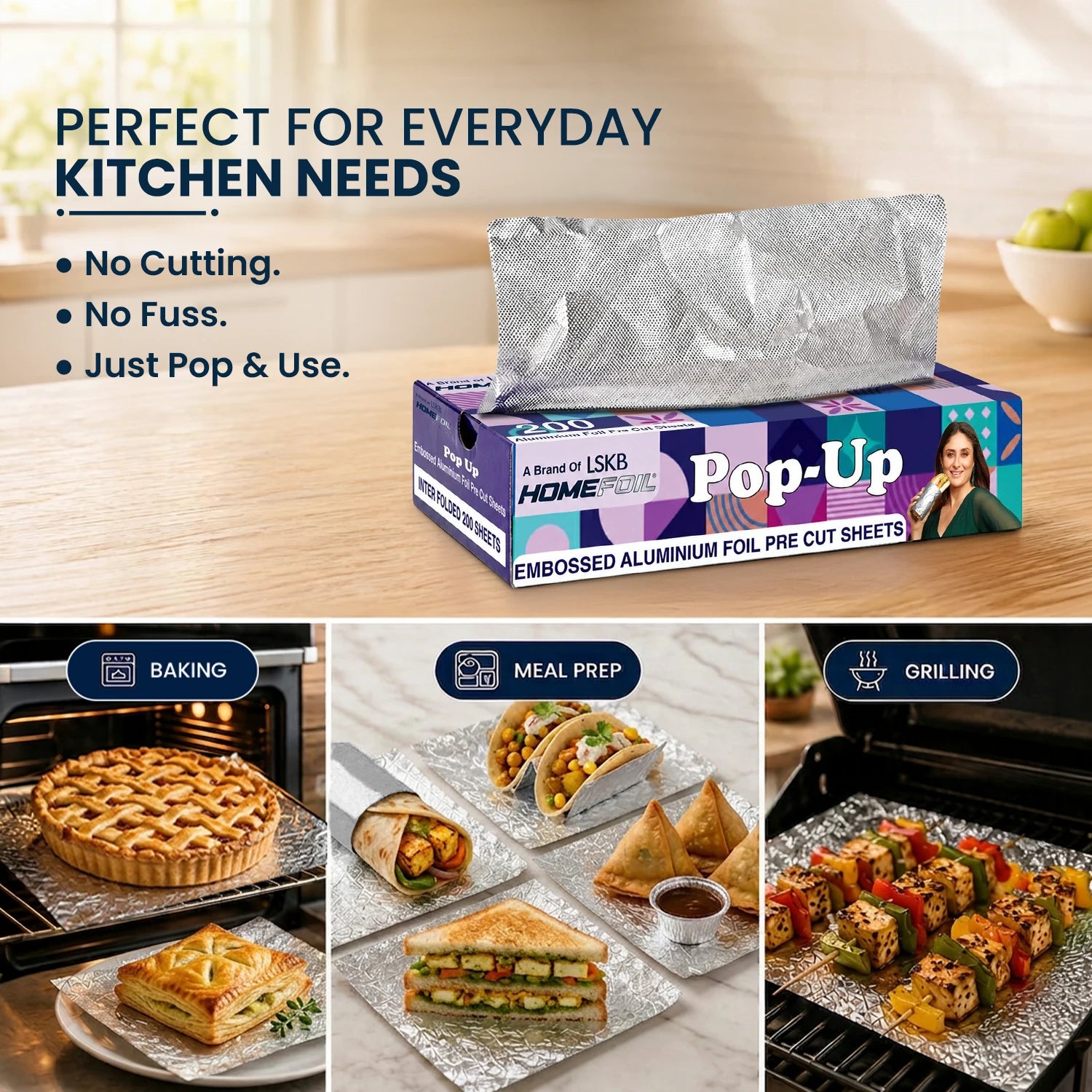 HOMEFOIL Pop-Up Aluminium Foil Sheets | 12 Micron Heavy-Duty Pre-Cut Foil | 200 Interfolded Sheets