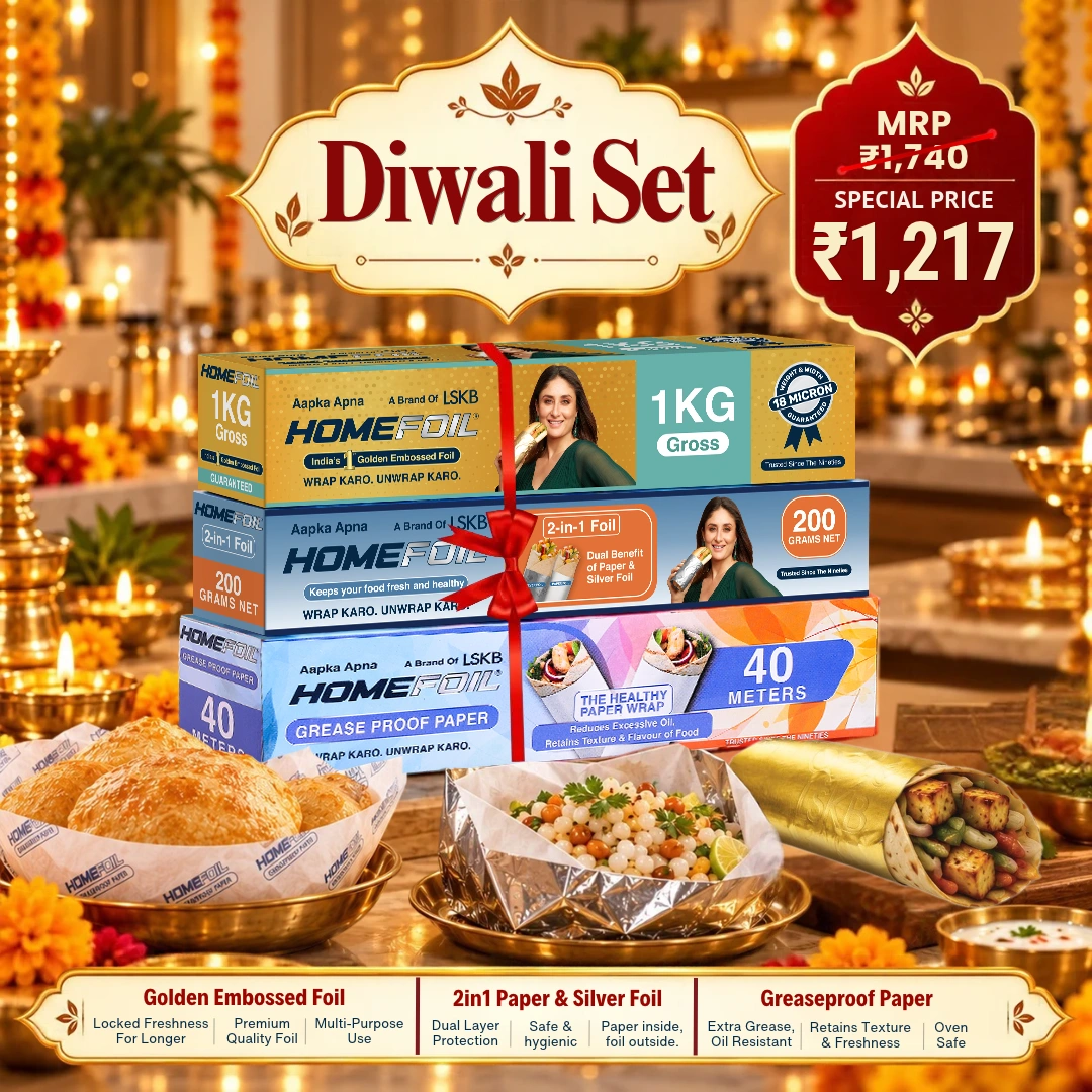Diwali Sale - 2-in-1 Paper & Silver Foil (200gm) + Golden Embossed Foil (1 Kg Gross) + Greaseproof Paper (40M)