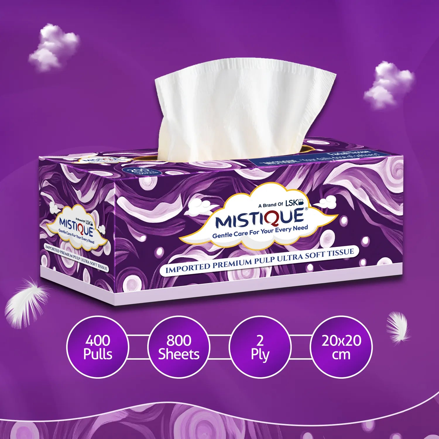 MISTIQUE 2 Ply Facial Tissue Box | Pack of 4 (100 Pulls Per Box, 200 Sheets)